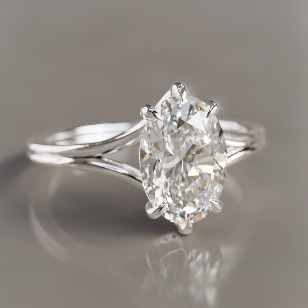 Unique Split Shank Oval Lab Created Diamond Engagement Ring By Valley Rose