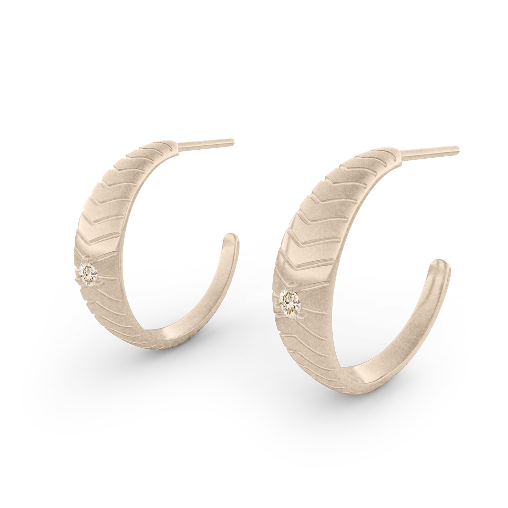 Mojave Champagne Diamond Hoops, Carved Chevron Gold Earrings By Valley Rose Ethical Jewelry