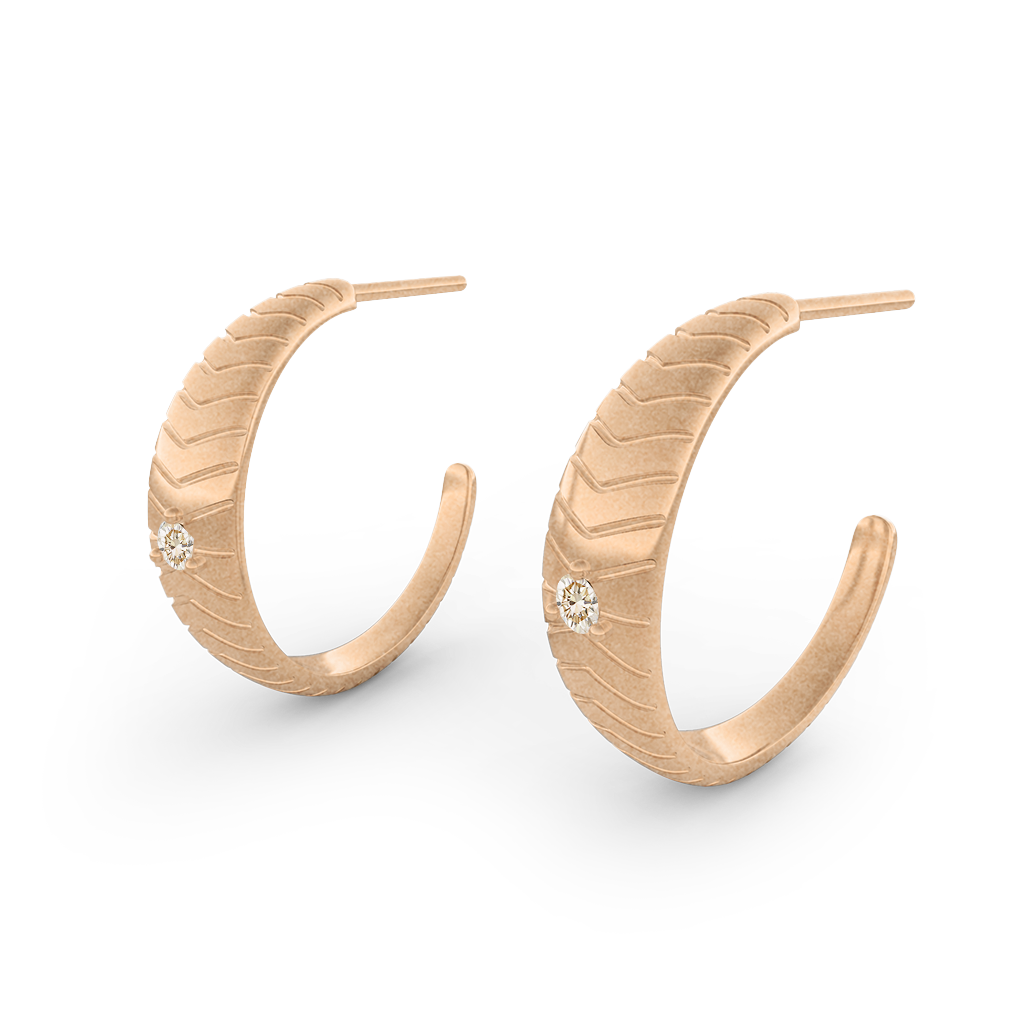 Mojave Champagne Diamond Hoops, Carved Chevron Gold Earrings By Valley Rose Ethical Jewelry