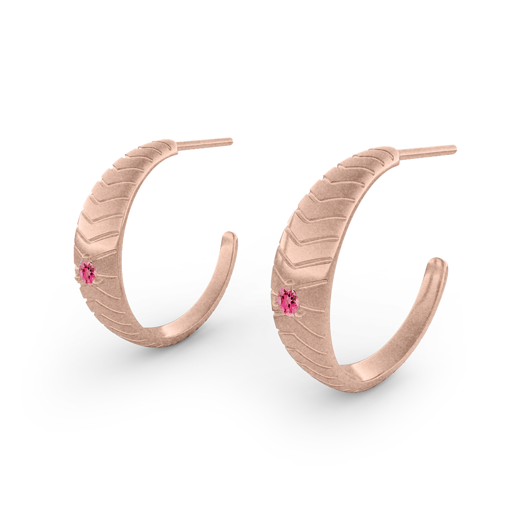 Mojave Pink Tourmaline Hoops, Carved Chevron Gold Earrings By Valley Rose Ethical Jewelry