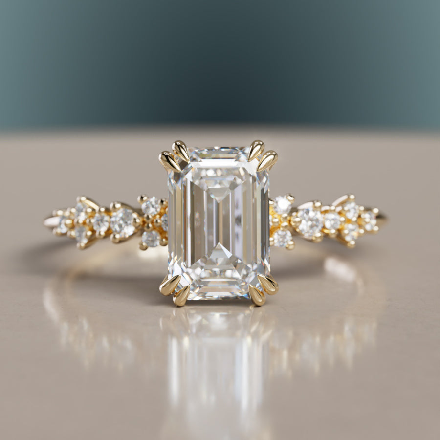 Nature Inspired Celestial engagement ring with Emerald Cut Diamond By Valley Rose