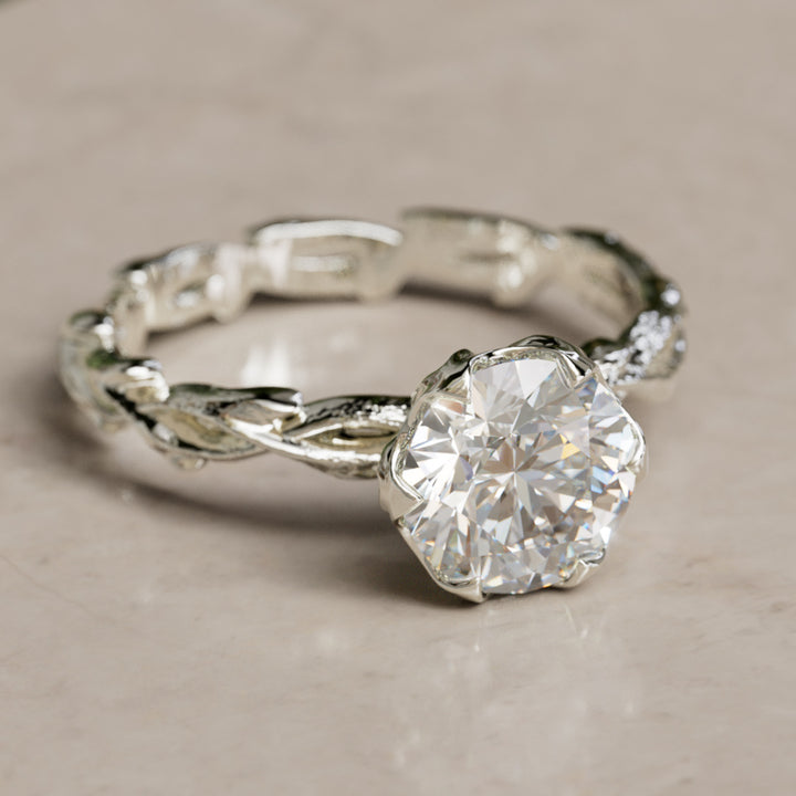 Niamh Petal Prong Round Lab Diamond Elvish Nature Engagement Ring By Valley Rose