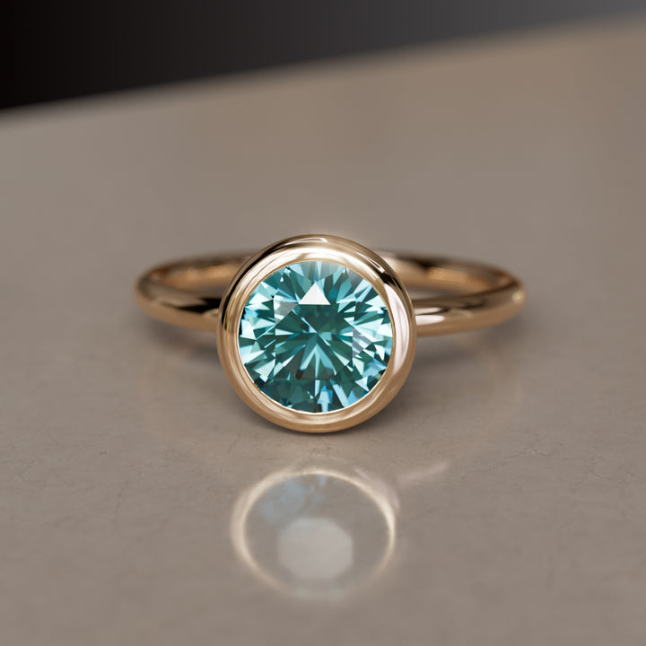Nora ronde teal saffier moderne unieke verlovingsring bezel solitair (alleen zetting)