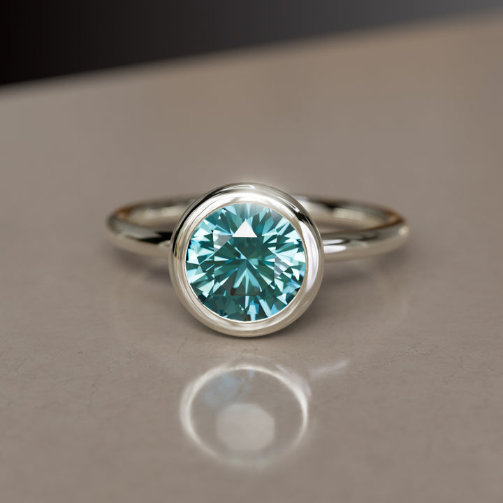 Nora ronde teal saffier moderne unieke verlovingsring bezel solitair (alleen zetting)