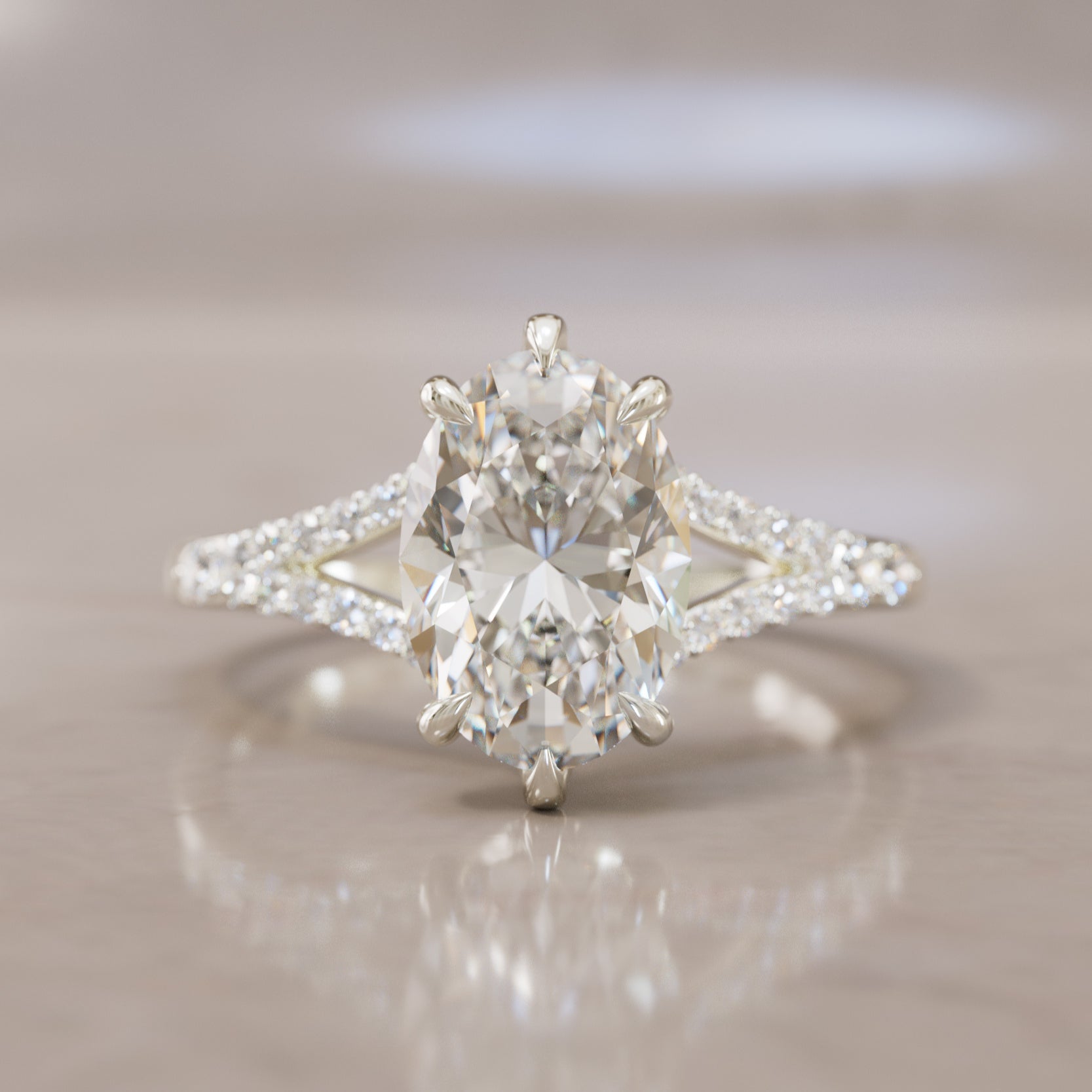 Modern Unique Engagement Ring with Oval Diamond and Split Shank