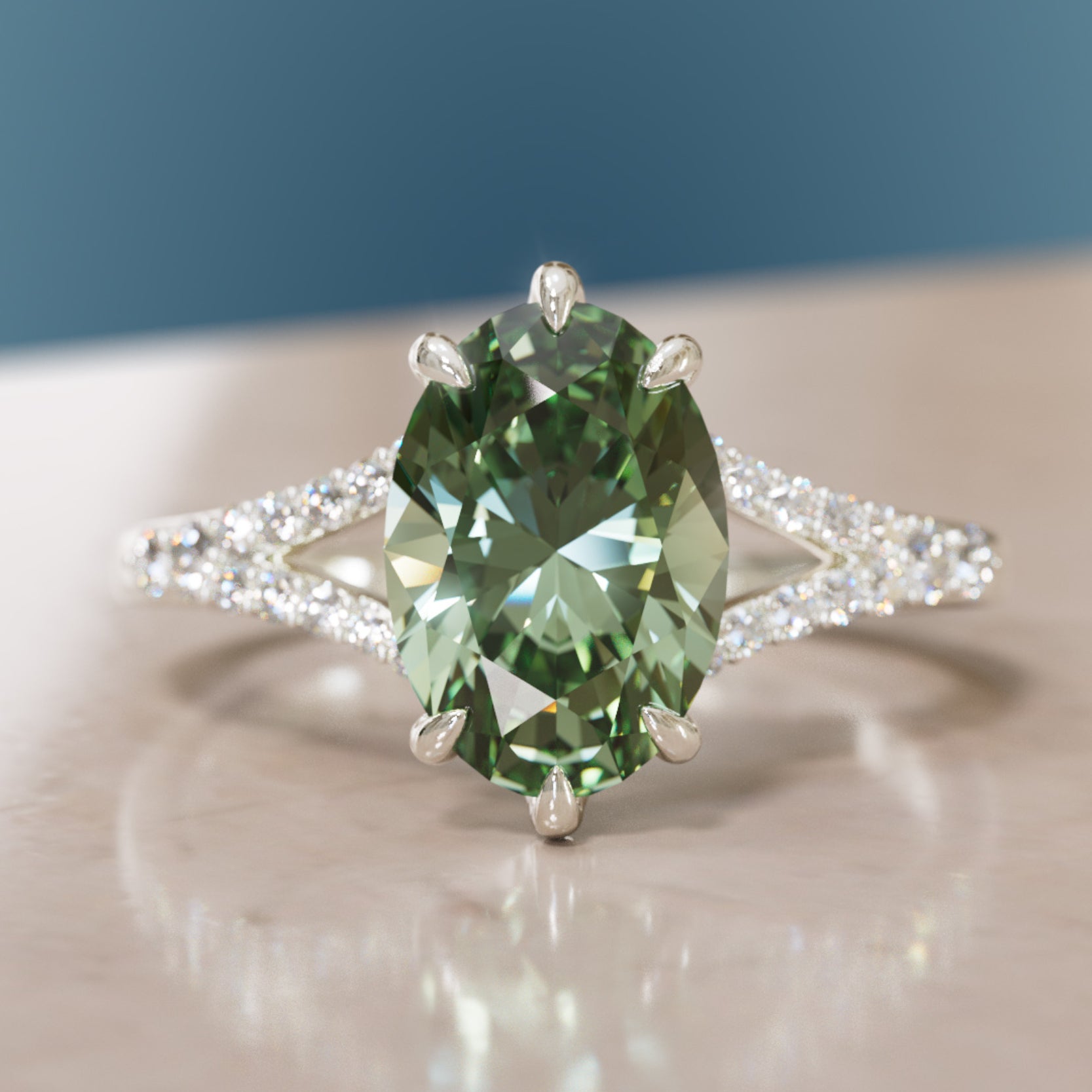Unique Split Shank Engagement Ring with Oval Green Sapphire