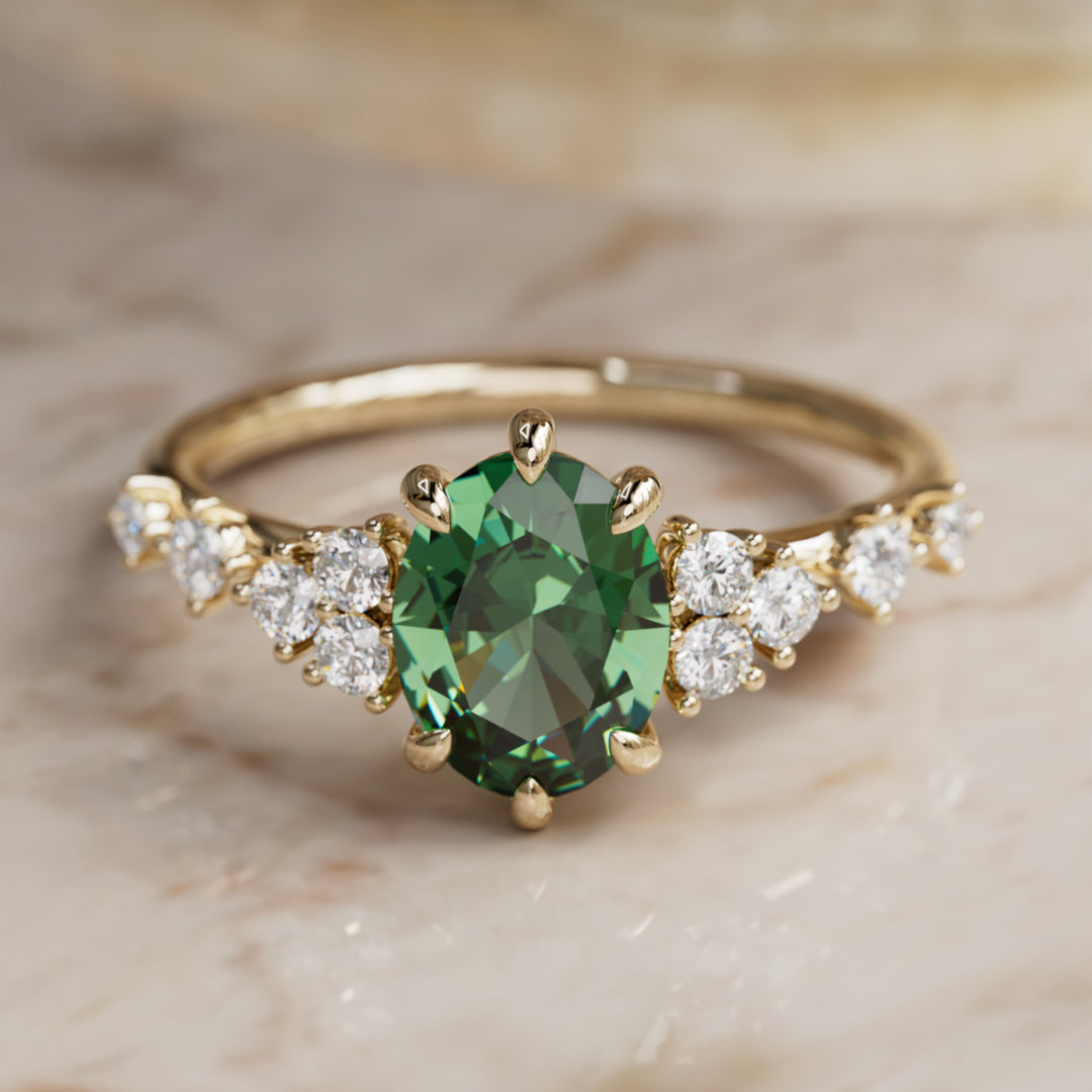 Odelia Oval Green Sapphire Unique Engagement Ring Nature Inspired By Valley Rose