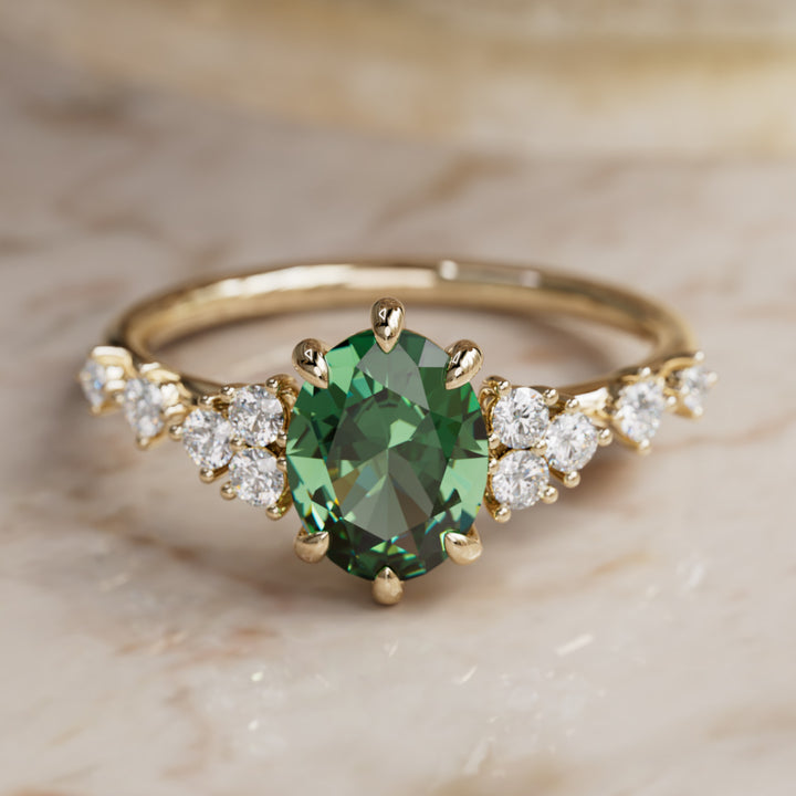 Odelia Oval Green Sapphire Unique Engagement Ring Nature Inspired By Valley Rose