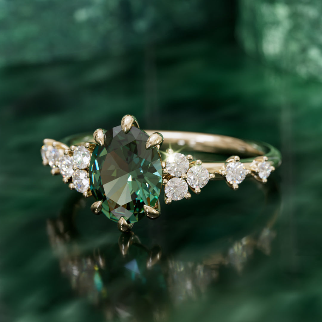 Odelia Oval Green Sapphire Unique Engagement Ring Nature Inspired By Valley Rose