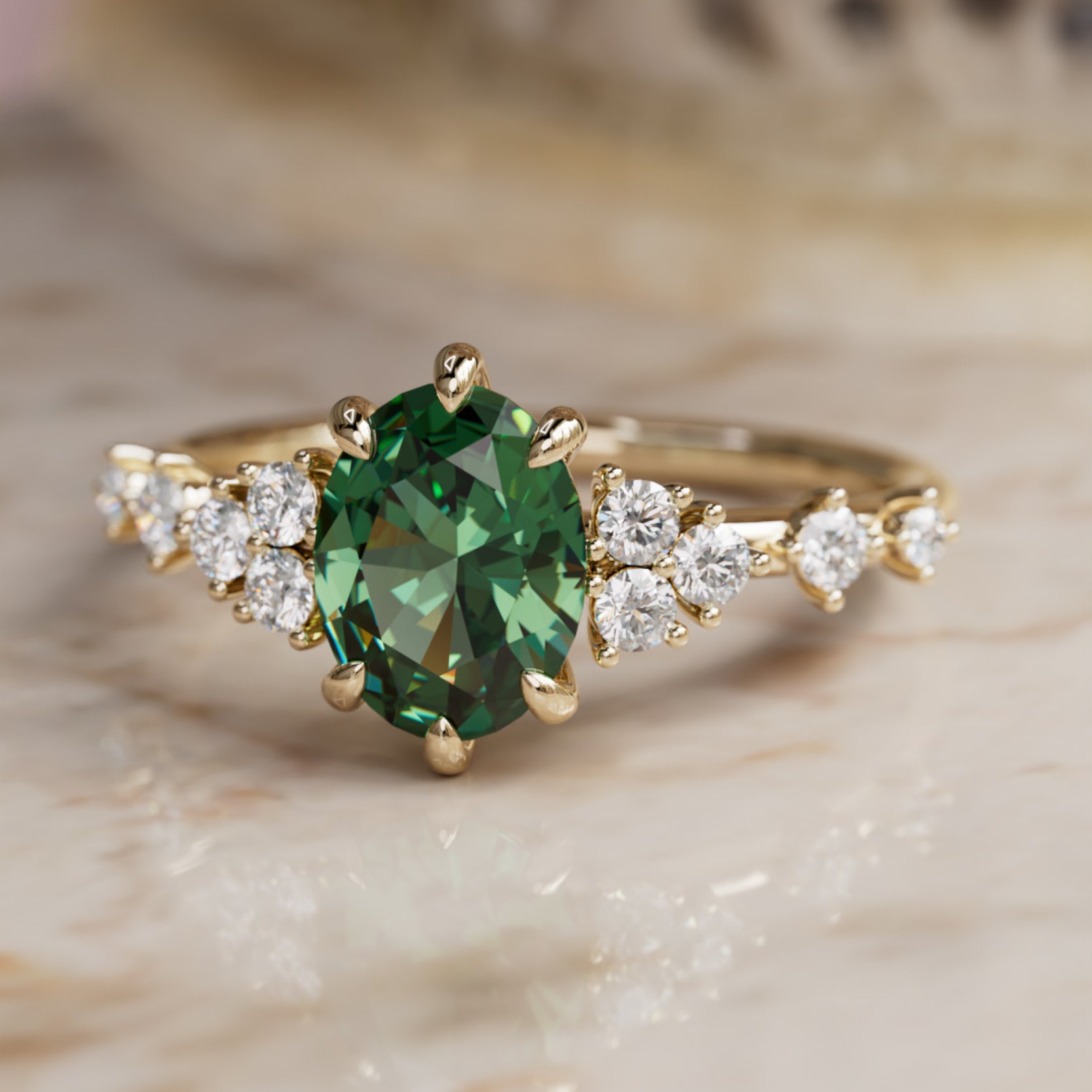 Celestial Engagement Ring with Oval Green Sapphire and Diamonds