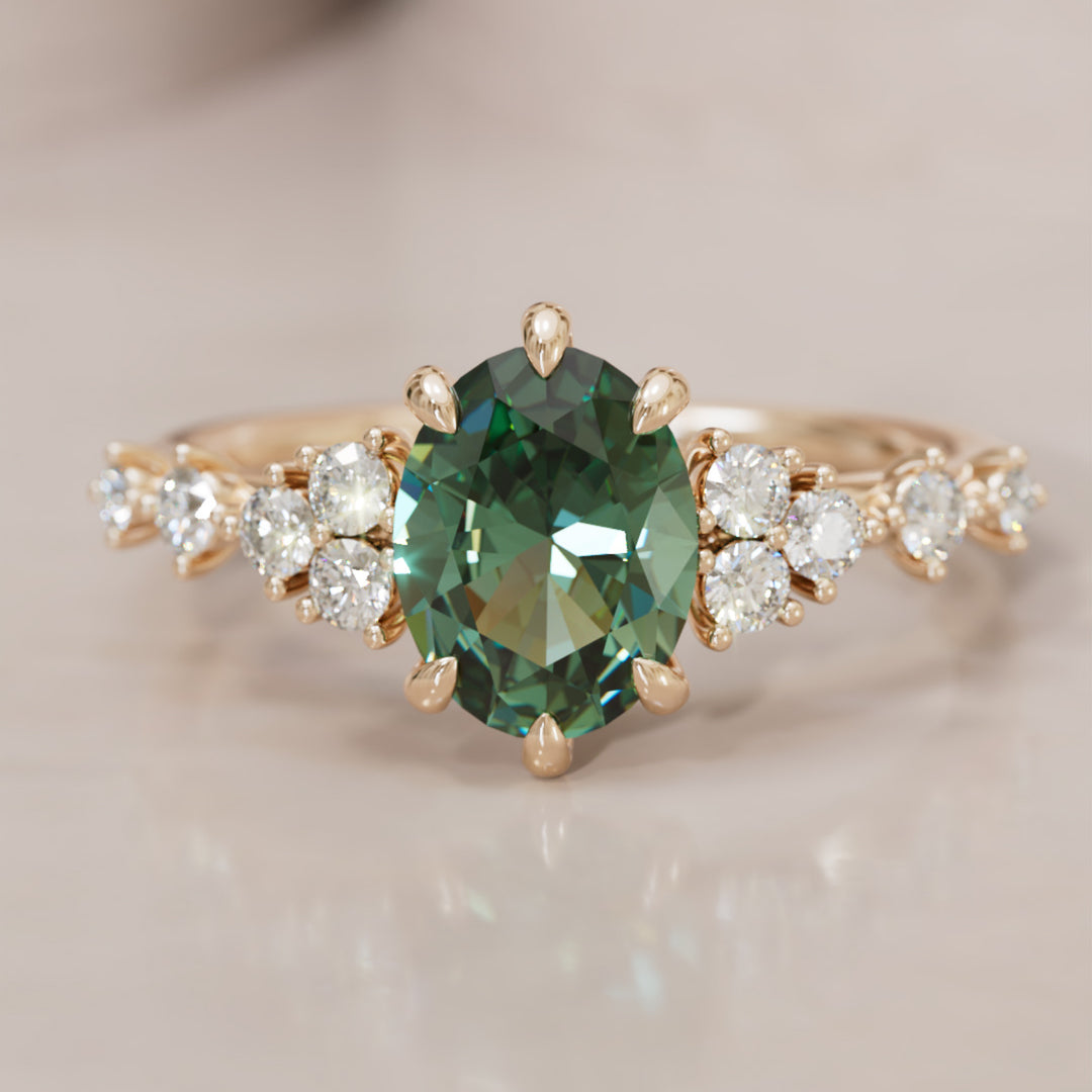 Odelia Ovaler Grüner Saphir Einzigartiger Verlobungsring Von Der Natur Inspiriert (Nur Fassung)