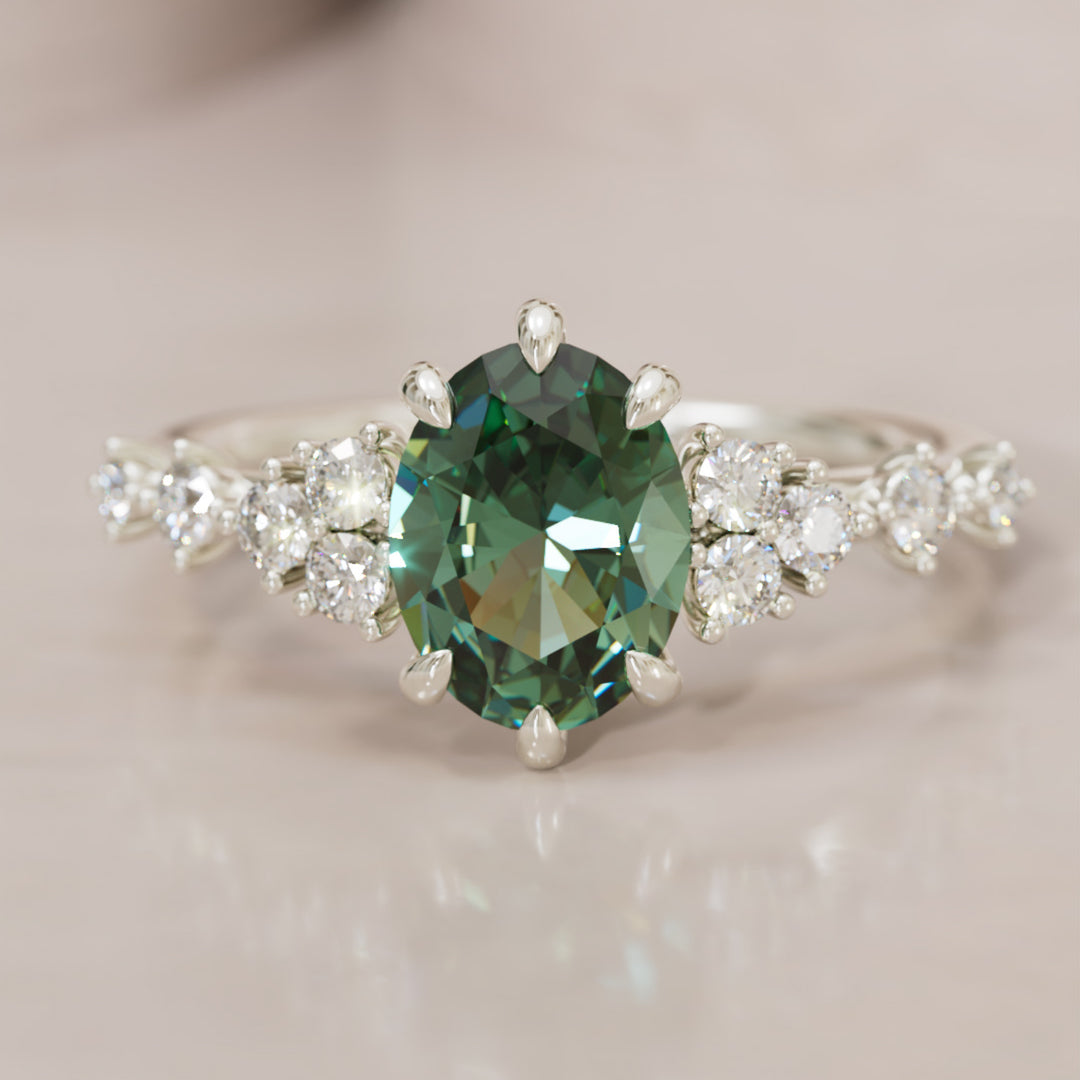 Odelia Ovaler Grüner Saphir Einzigartiger Verlobungsring Von Der Natur Inspiriert (Nur Fassung)