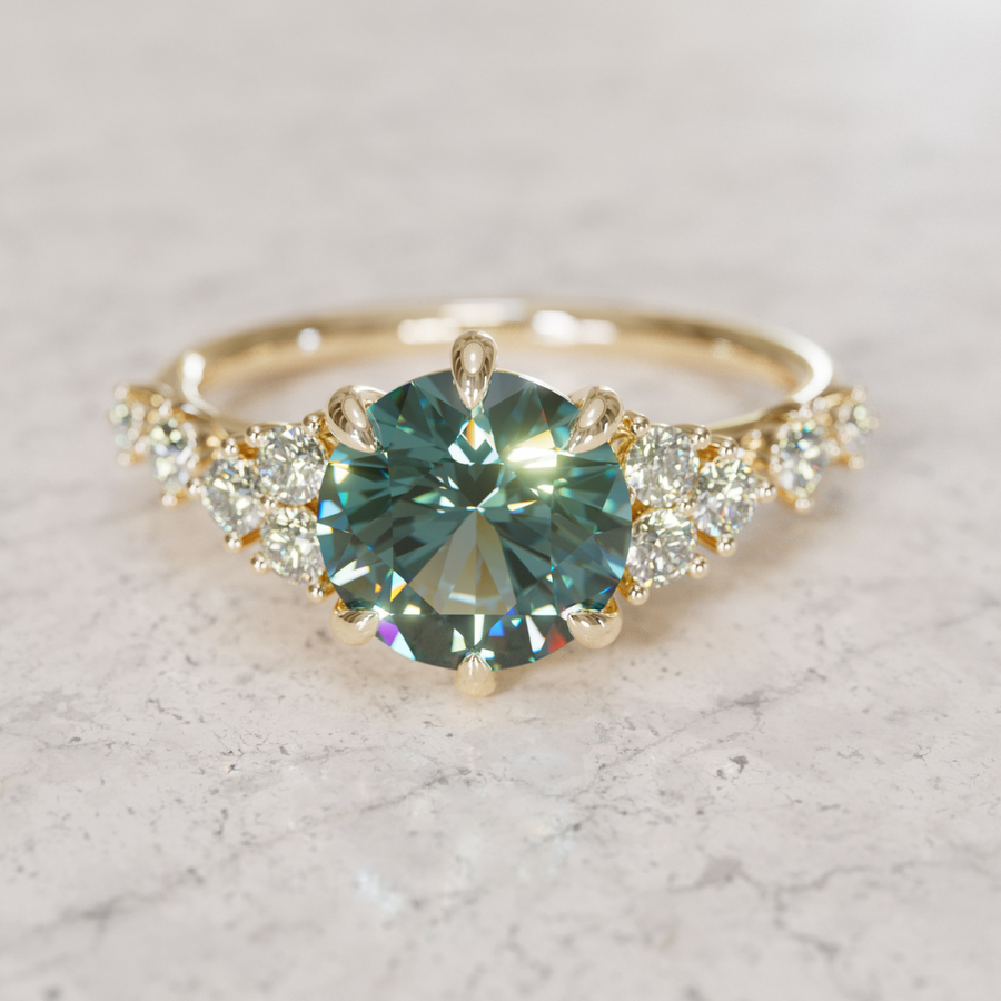 Celestial Engagement Ring with Round Teal Sapphire and Diamonds By Valley Rose