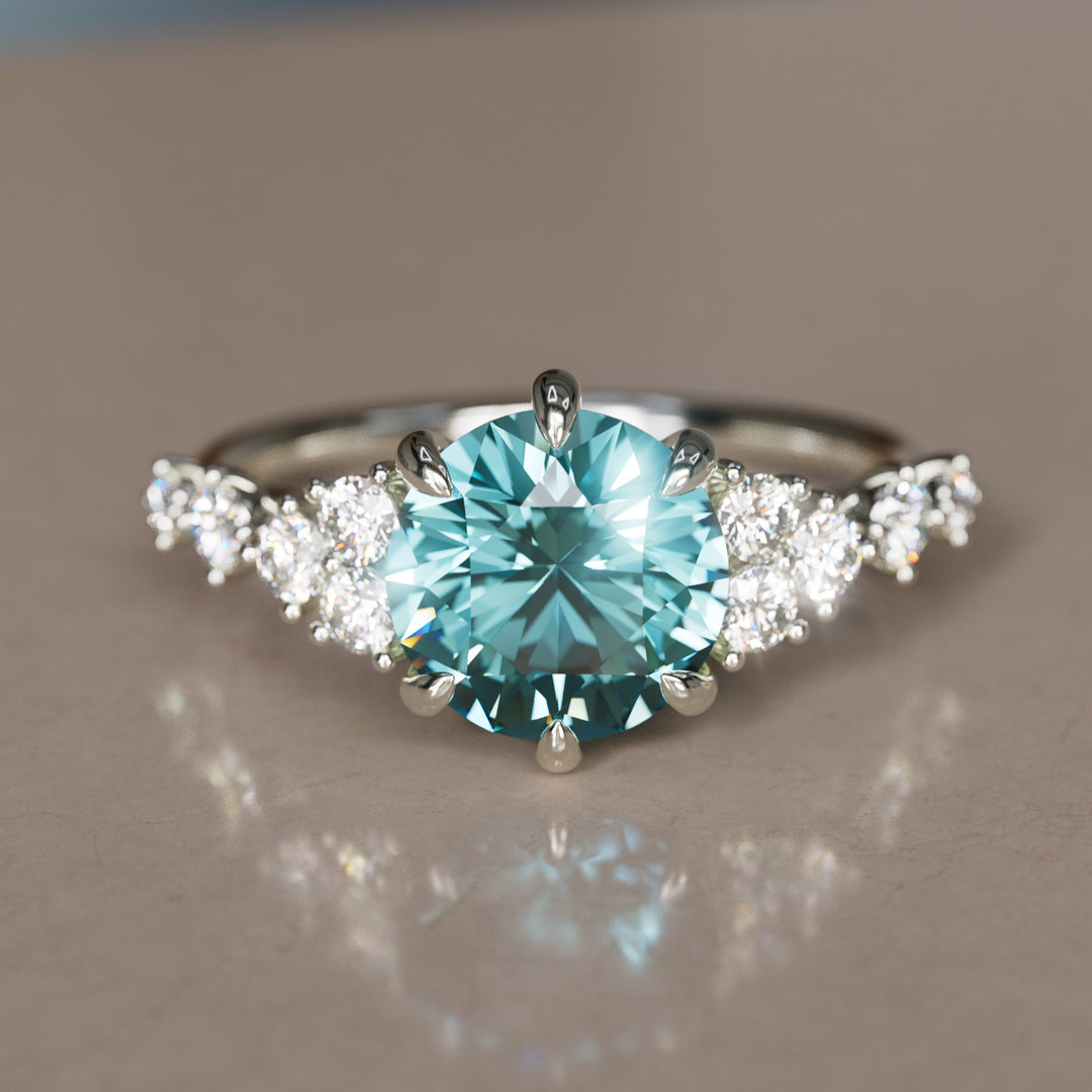 Bague de fiançailles unique Odessa ronde saphir bleu sarcelle inspirée de la nature (monture seulement)