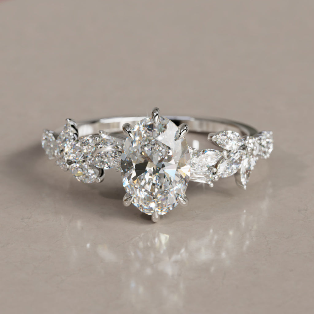 Olearia Oval Lab Diamond Engagement Flower Ring Nature Inspired By Valley Rose