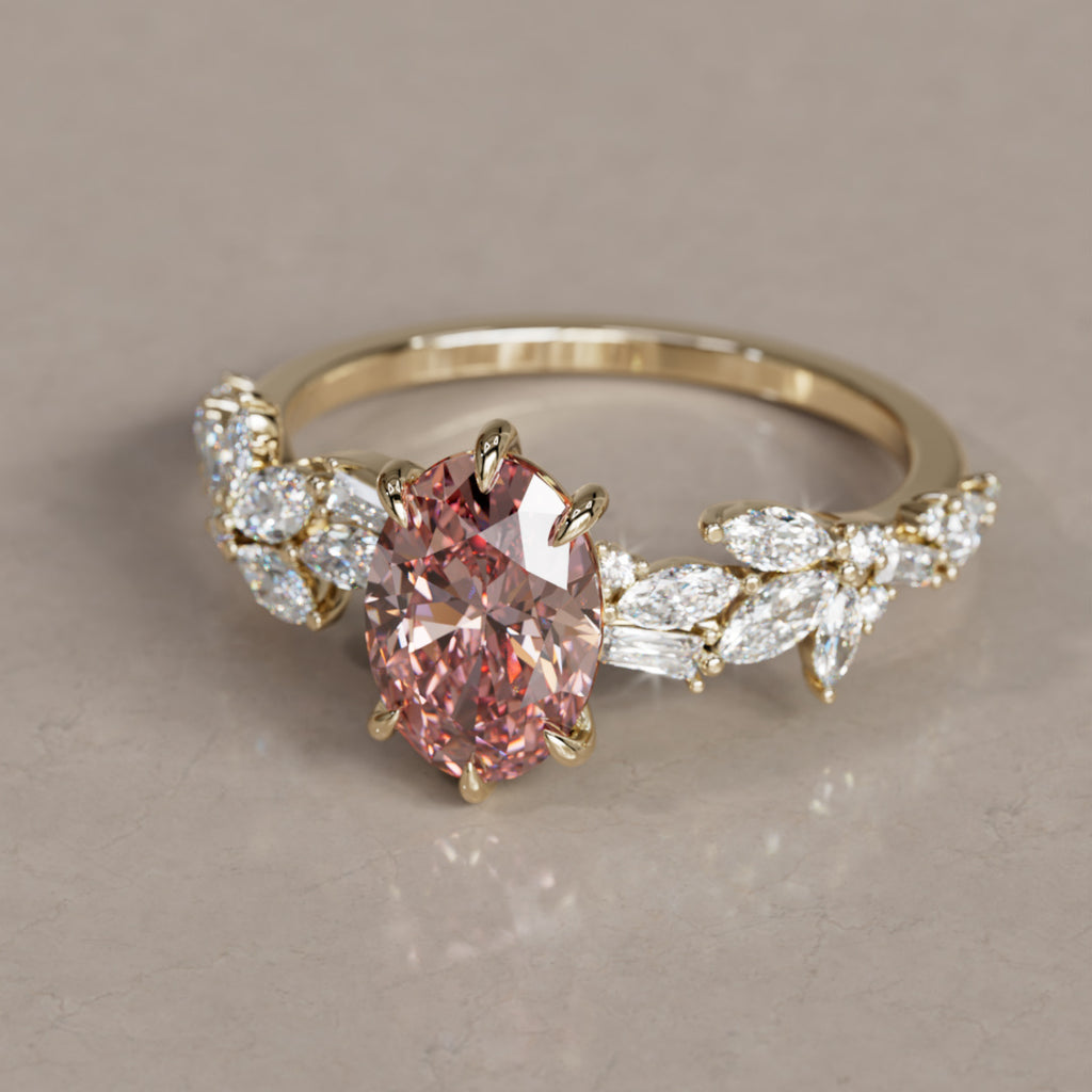 Olearia Oval Pink Lab Diamond Engagement Flower Ring Nature Inspired By Valley Rose