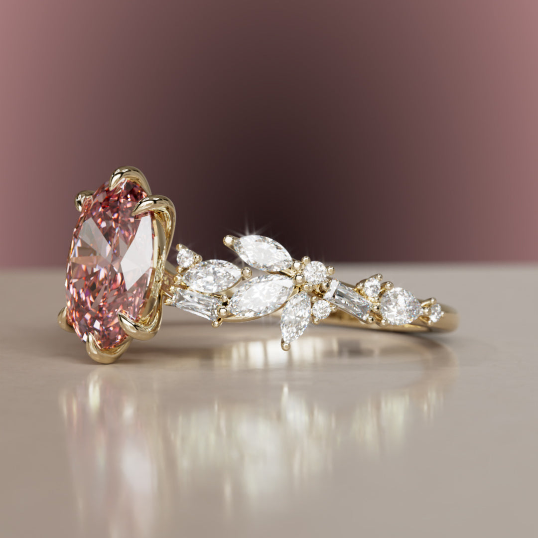 Olearia Oval Pink Lab Diamond Engagement Flower Ring Nature Inspired By Valley Rose
