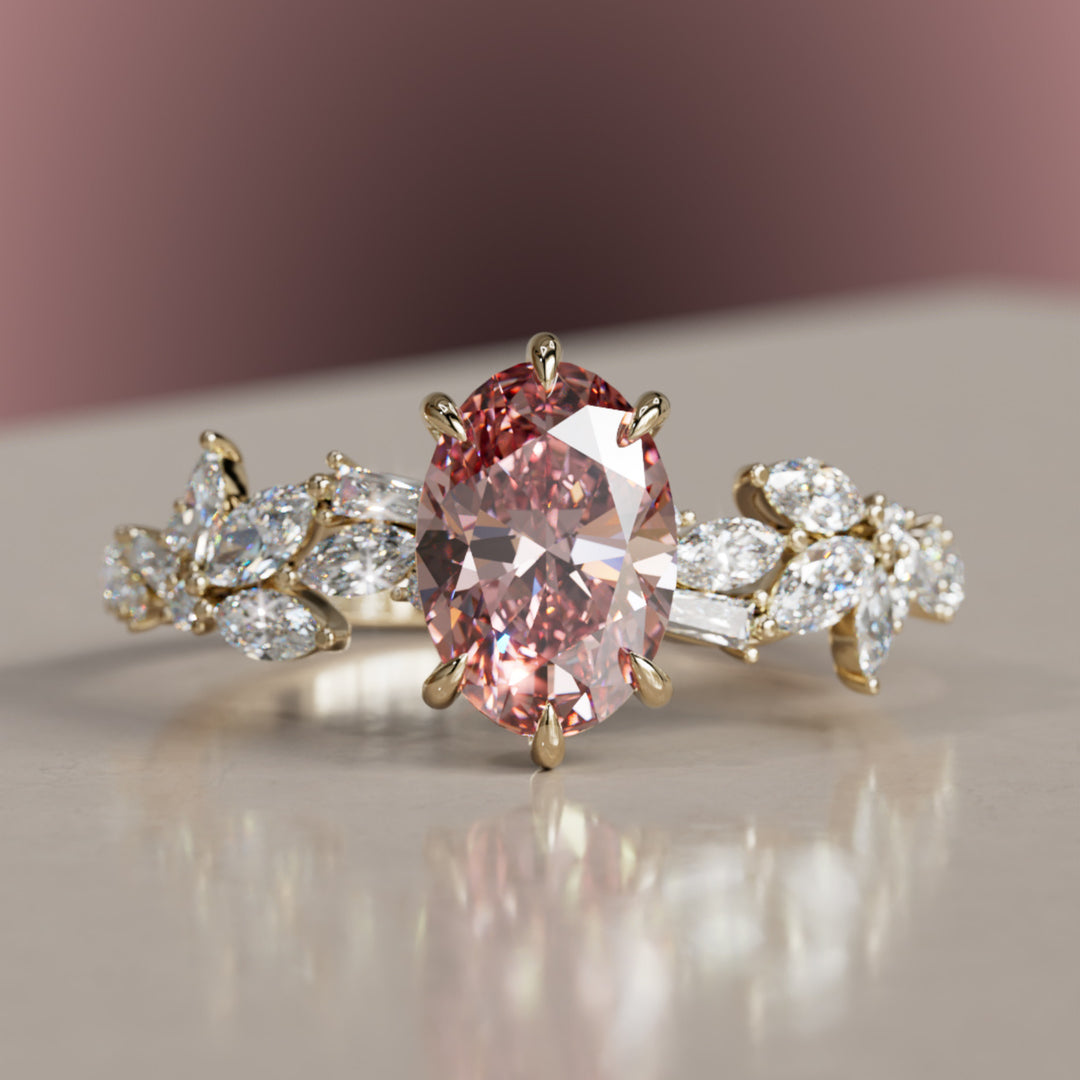 Olearia Oval Pink Lab Diamond Engagement Flower Ring Nature Inspired By Valley Rose