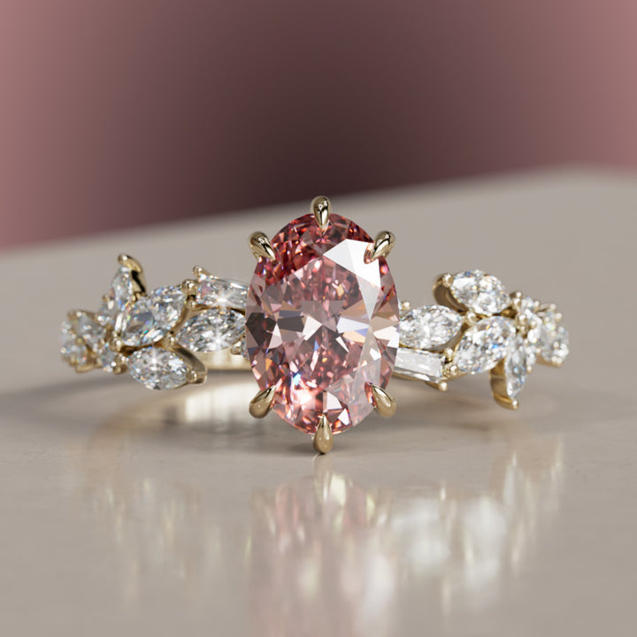Olearia Oval Pink Lab Diamond Engagement Flower Ring Nature Inspired By Valley Rose