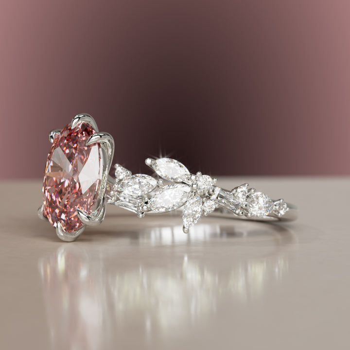 Olearia Oval Pink Lab Diamond Engagement Flower Ring Nature Inspired By Valley Rose