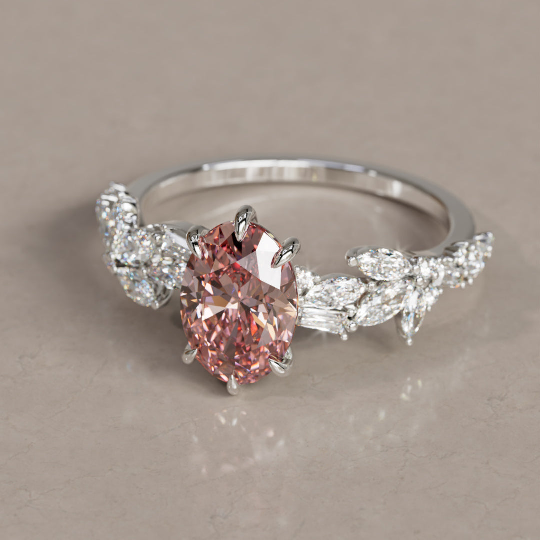 Olearia Oval Pink Lab Diamond Engagement Flower Ring Nature Inspired By Valley Rose
