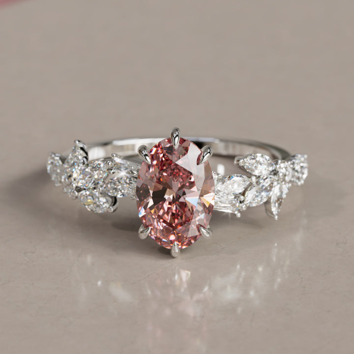 Olearia Oval Pink Lab Diamond Engagement Flower Ring Nature Inspired By Valley Rose