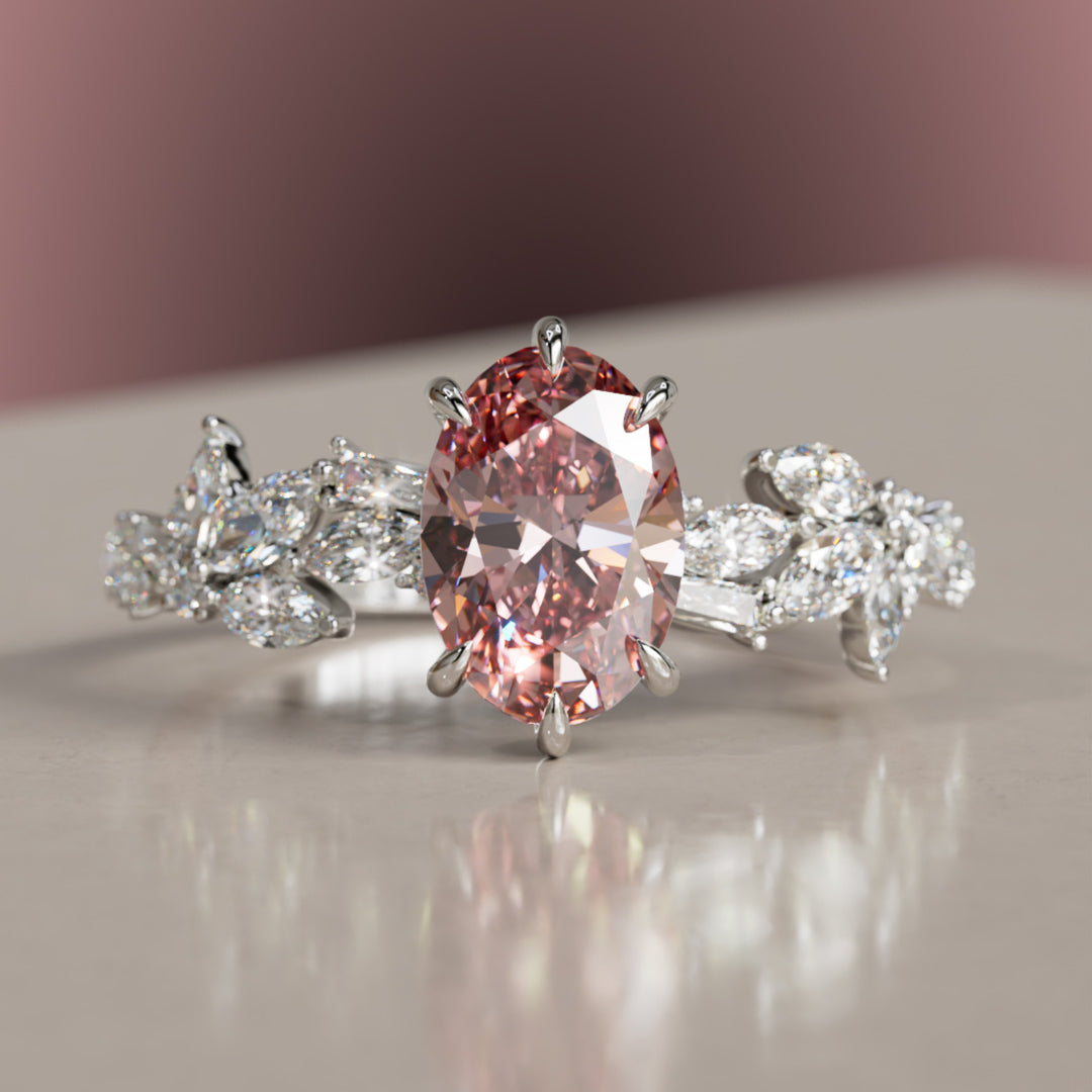 Olearia Oval Pink Lab Diamond Engagement Flower Ring Nature Inspired By Valley Rose