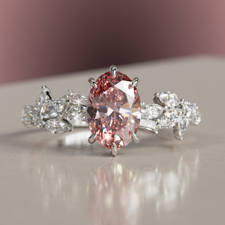 Olearia Oval Pink Lab Diamond Engagement Flower Ring Nature Inspired By Valley Rose