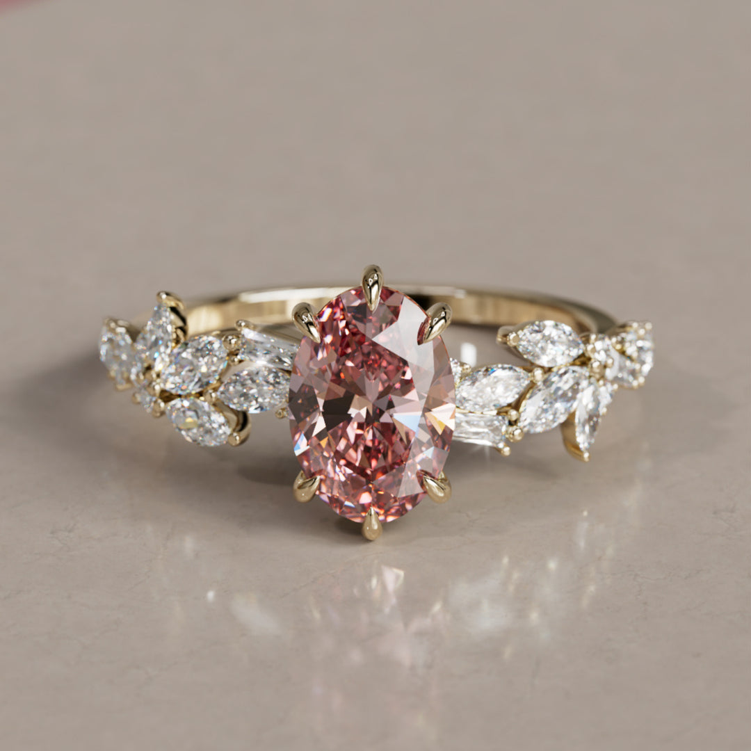 Olearia Oval Pink Lab Diamond Engagement Flower Ring Nature Inspired By Valley Rose