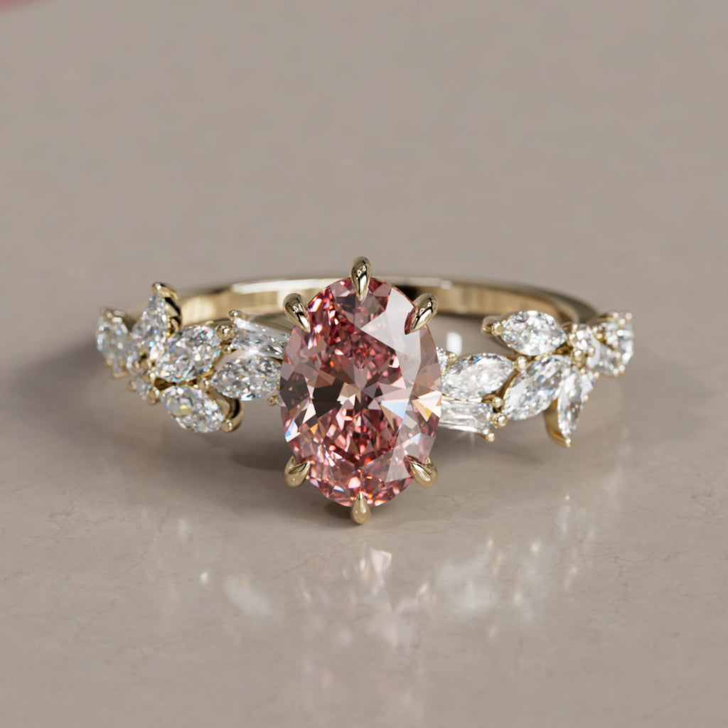 Olearia Oval Pink Lab Diamond Engagement Flower Ring Nature Inspired By Valley Rose