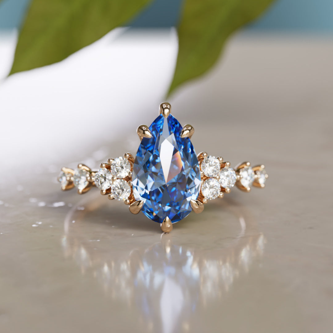 Bague de fiançailles unique Olivia Pear saphir bleu inspirée de la nature (monture seulement)
