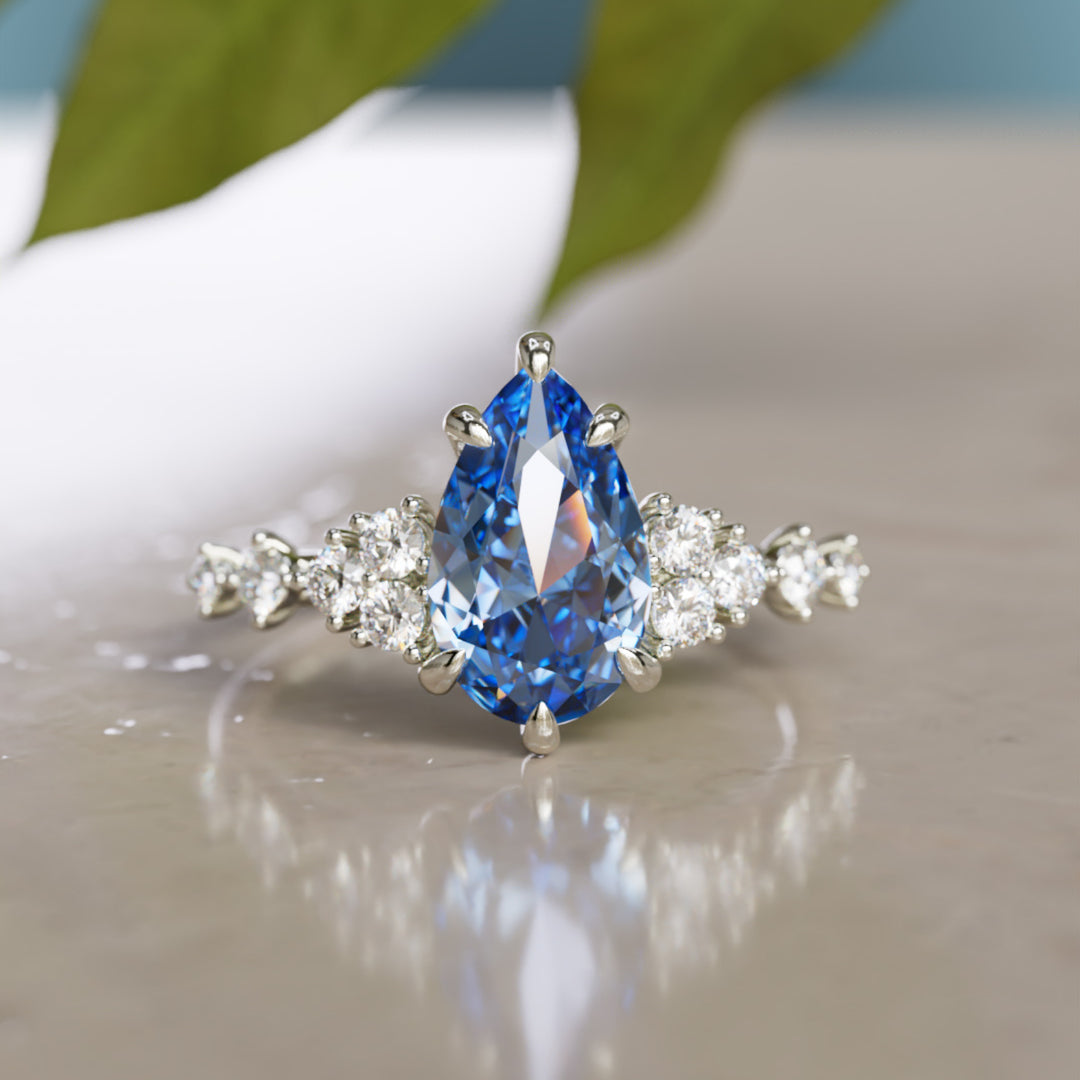 Bague de fiançailles unique Olivia Pear saphir bleu inspirée de la nature (monture seulement)