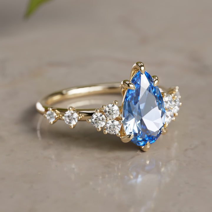 Bague de fiançailles unique Olivia Pear saphir bleu inspirée de la nature (monture seulement)