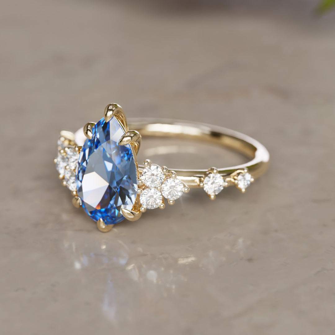Bague de fiançailles unique Olivia Pear saphir bleu inspirée de la nature (monture seulement)