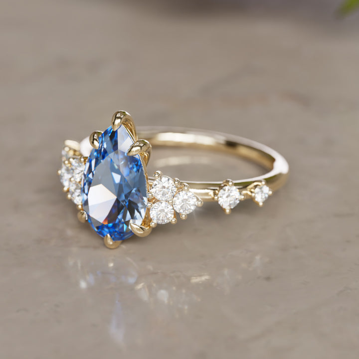Bague de fiançailles unique Olivia Pear saphir bleu inspirée de la nature (monture seulement)
