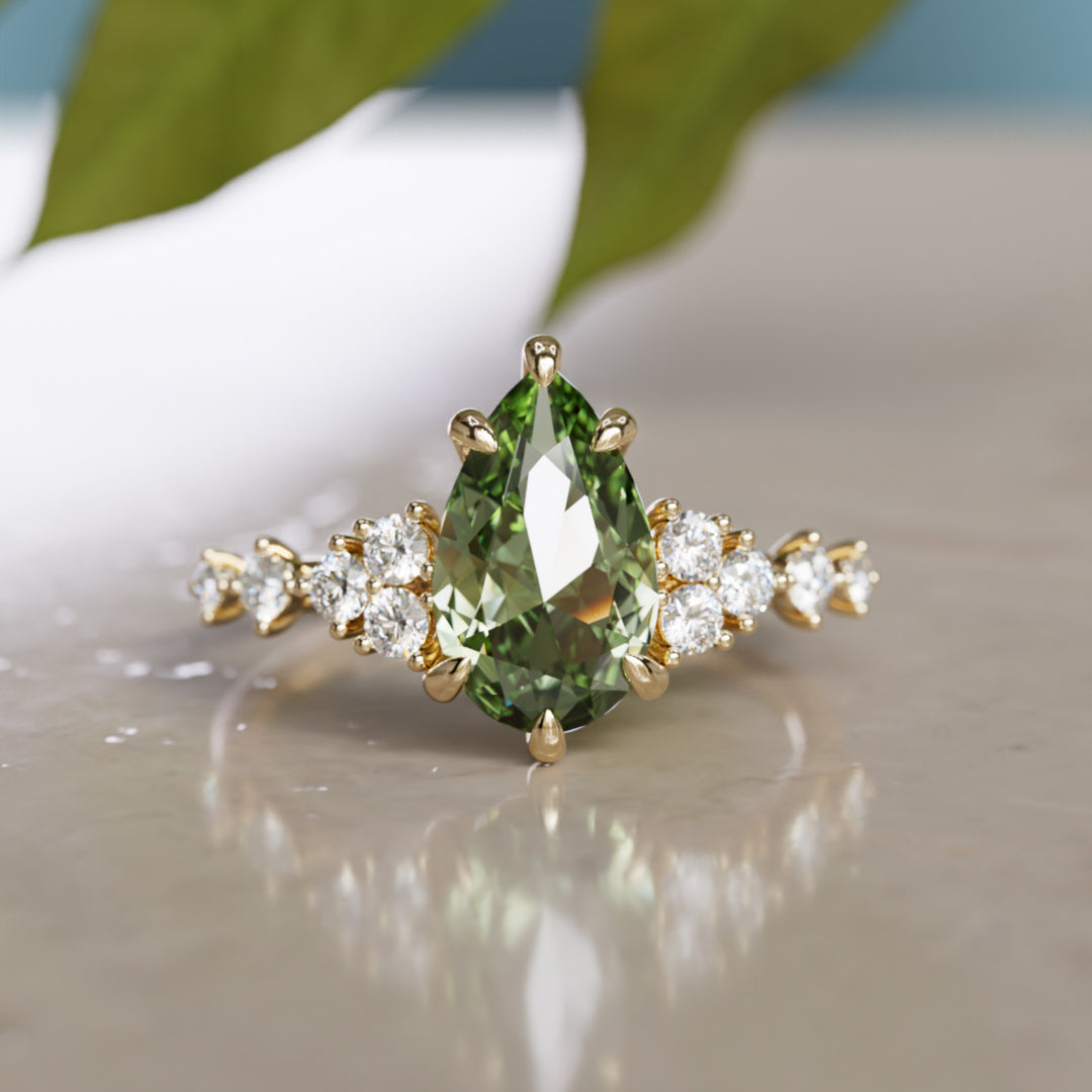 Olivia Pear Green Sapphire Unique Engagement Ring Nature Inspired (Setting Only)