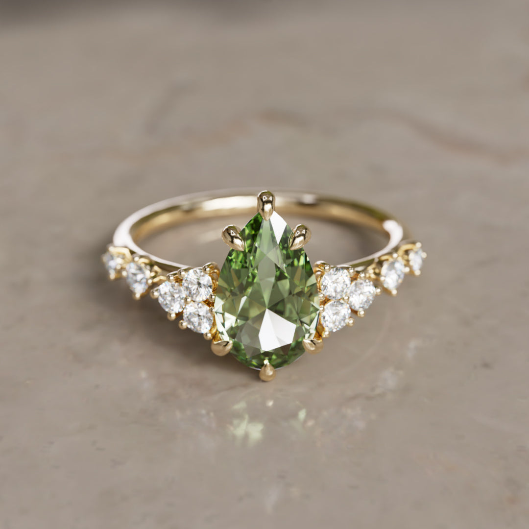 Olivia Pear Green Sapphire Unique Engagement Ring Nature Inspired (Setting Only)