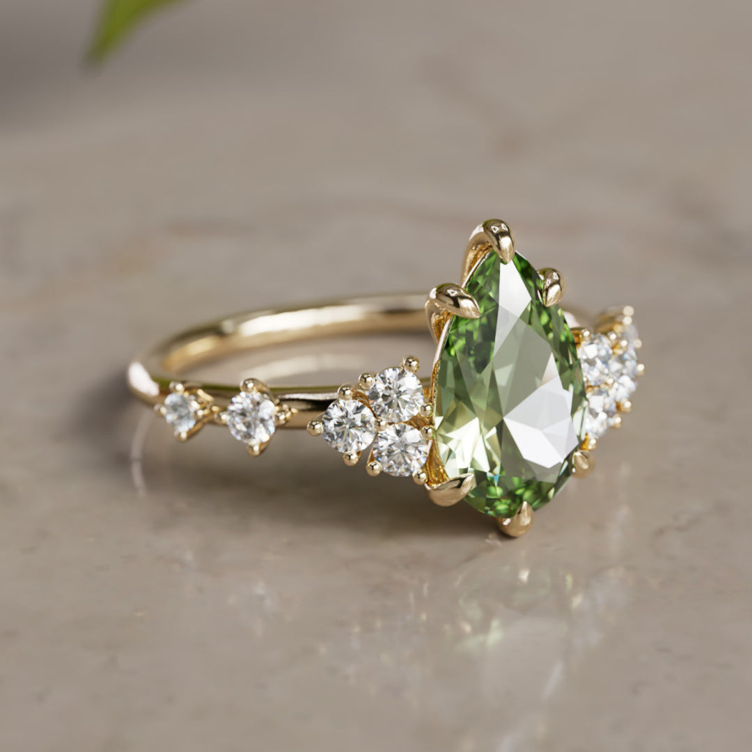 Olivia Pear Green Sapphire Unique Engagement Ring Nature Inspired (Setting Only)