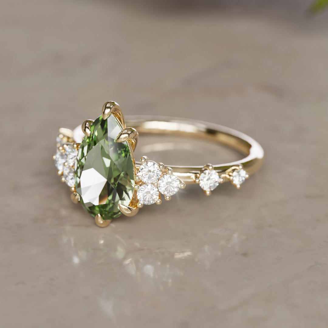 Olivia Pear Green Sapphire Unique Engagement Ring Nature Inspired (Setting Only)