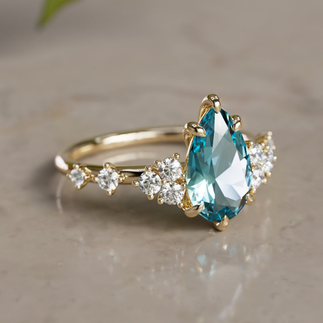Olivia Pear Teal Sapphire Unique Engagement Ring Nature Inspired (Setting Only)