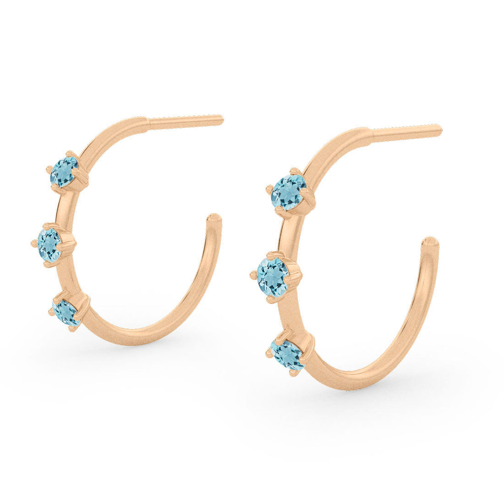 Aquamarine Gold 3 Stone Hoops, Orion's Belt Constellation By Valley Rose Ethical Jewelry