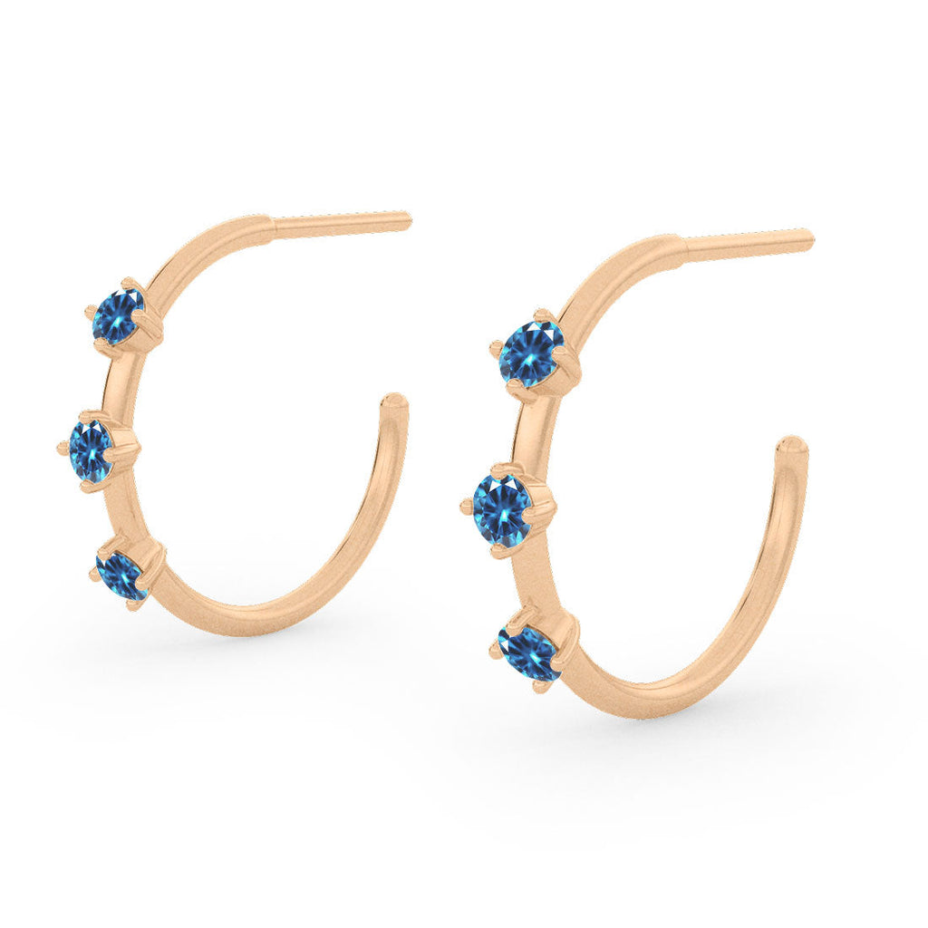 Blue Sapphire Gold 3 Stone Hoops, Orion's Belt Constellation By Valley Rose Ethical Jewelry