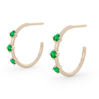 Emerald Gold 3 Stone Hoops, Orion's Belt Constellation By Valley Rose Ethical Jewelry