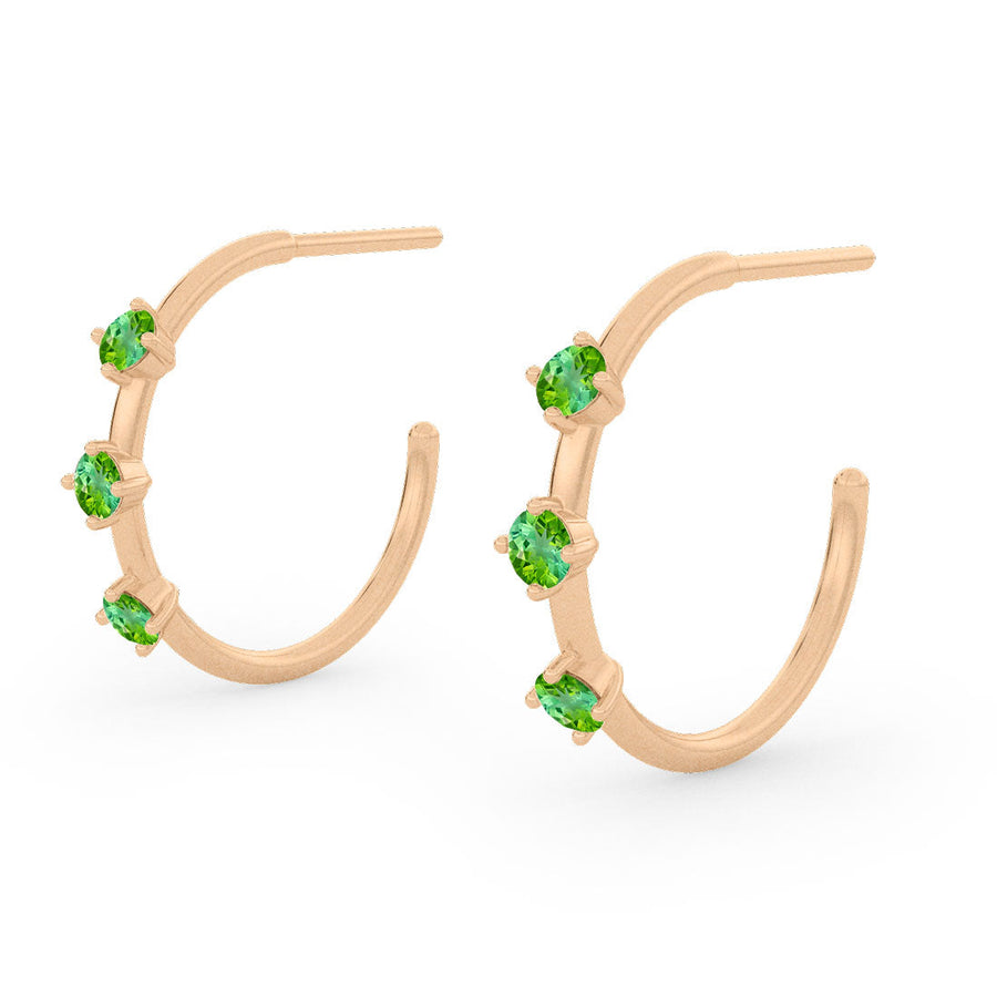 Green Tourmaline Gold 3 Stone Hoops, Orion's Belt Constellation By Valley Rose Ethical Jewelry