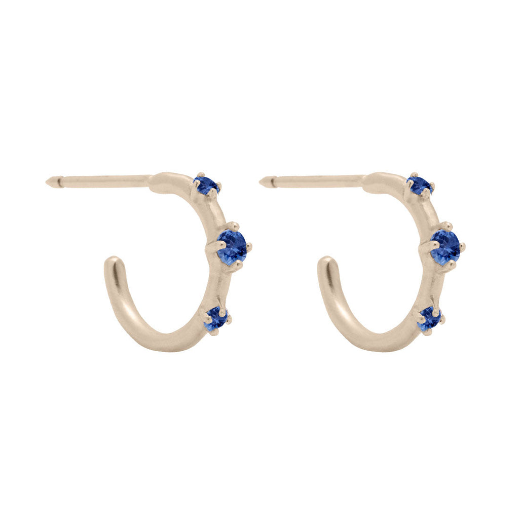 Blue Sapphire Gold 3 Stone Mini Huggie Hoops, Orion's Belt Constellation By Valley Rose Ethical Jewelry