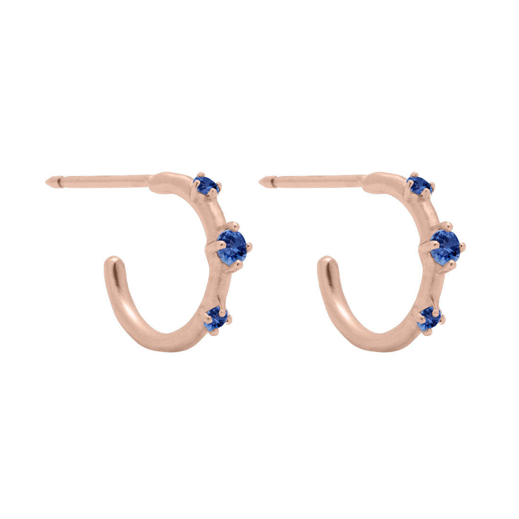 Blue Sapphire Gold 3 Stone Mini Huggie Hoops, Orion's Belt Constellation By Valley Rose Ethical Jewelry