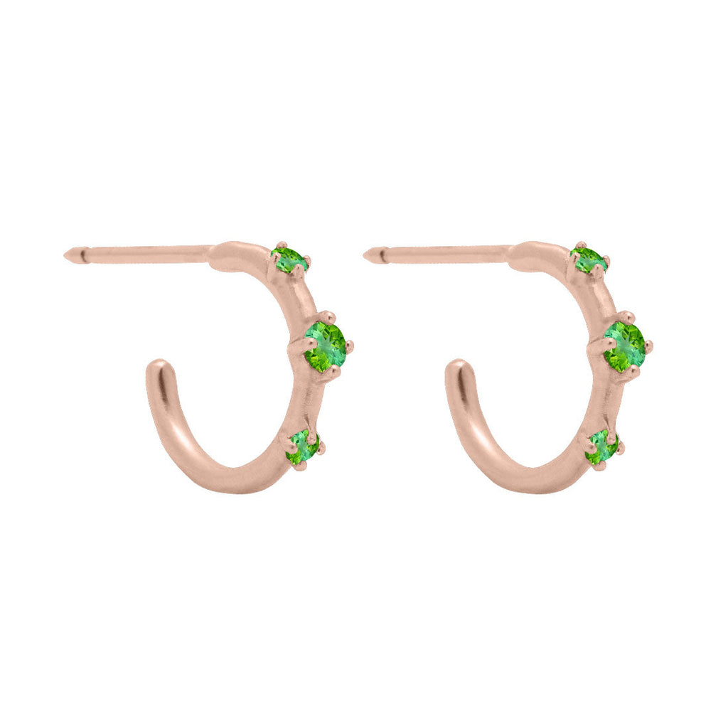 Green Tourmaline Gold 3 Stone Mini Huggie Hoops, Orion's Belt Constellation By Valley Rose Ethical Jewelry