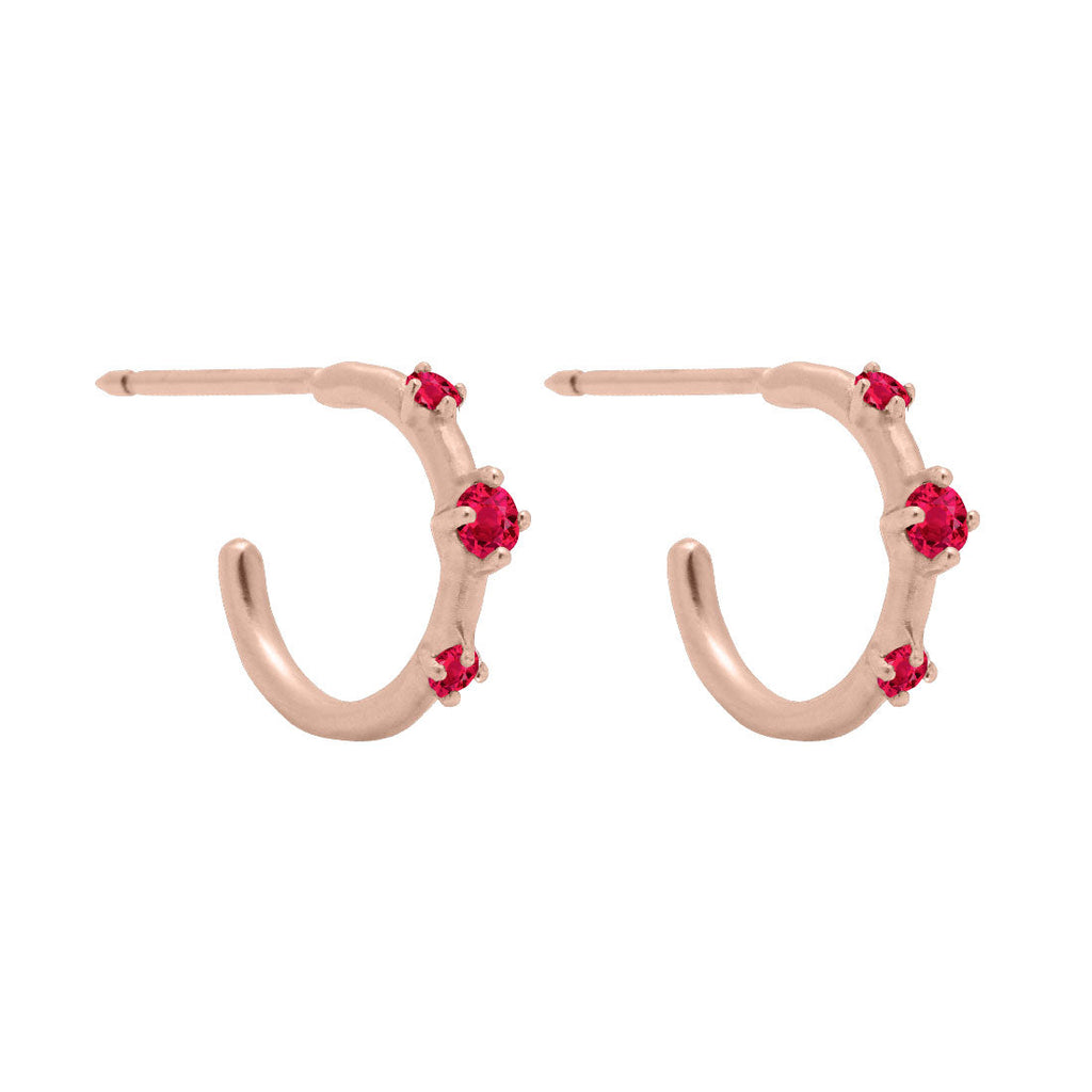 Red Ruby Gold 3 Stone Mini Huggie Hoops, Orion's Belt Constellation By Valley Rose Ethical Jewelry