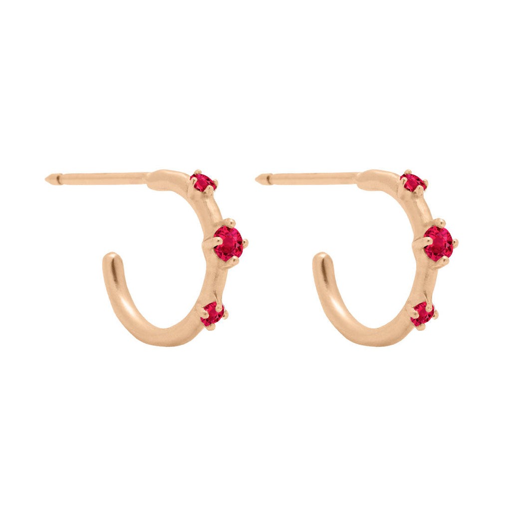 Red Ruby Gold 3 Stone Mini Huggie Hoops, Orion's Belt Constellation By Valley Rose Ethical Jewelry