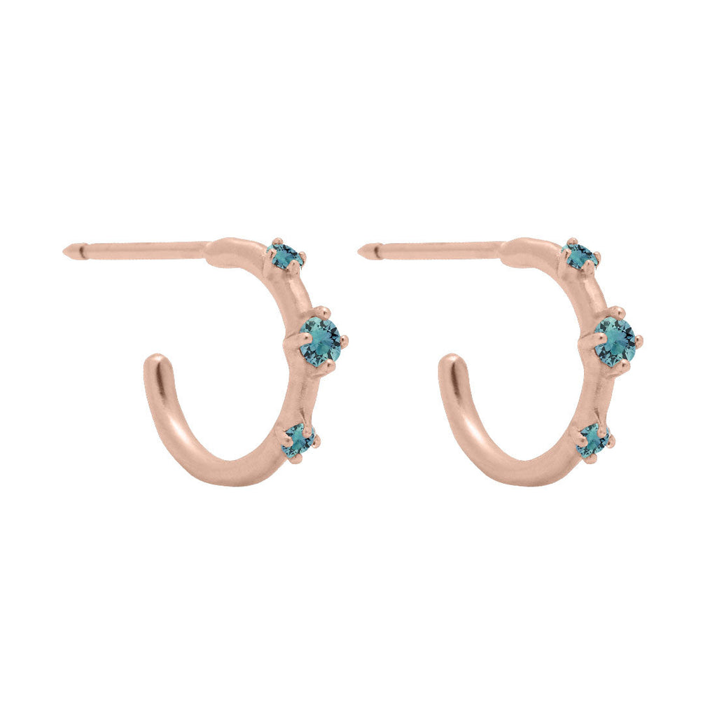 Teal Sapphire Gold 3 Stone Mini Huggie Hoops, Orion's Belt Constellation By Valley Rose Ethical Jewelry